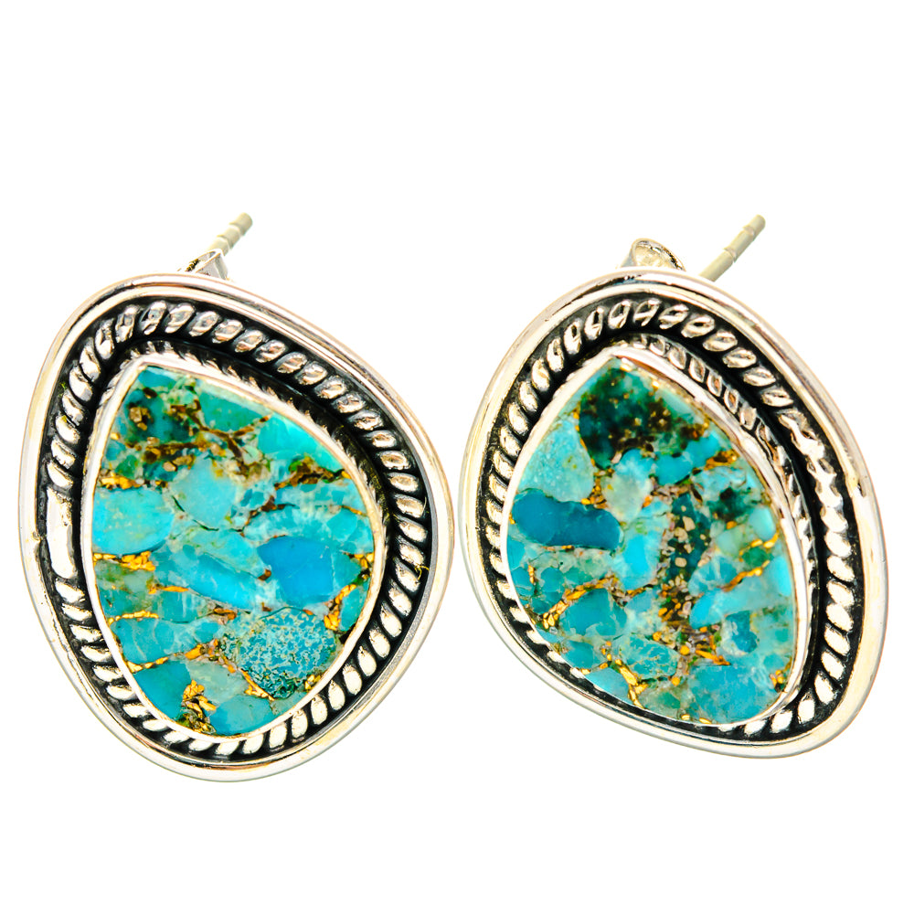 Oval chrysocolla stud earrings with turquoise stone cabochons and 925 sterling silver frames