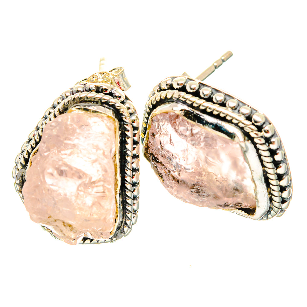 Rough rose quartz stud earrings, ornate rope-edged 925 sterling silver setting, pink