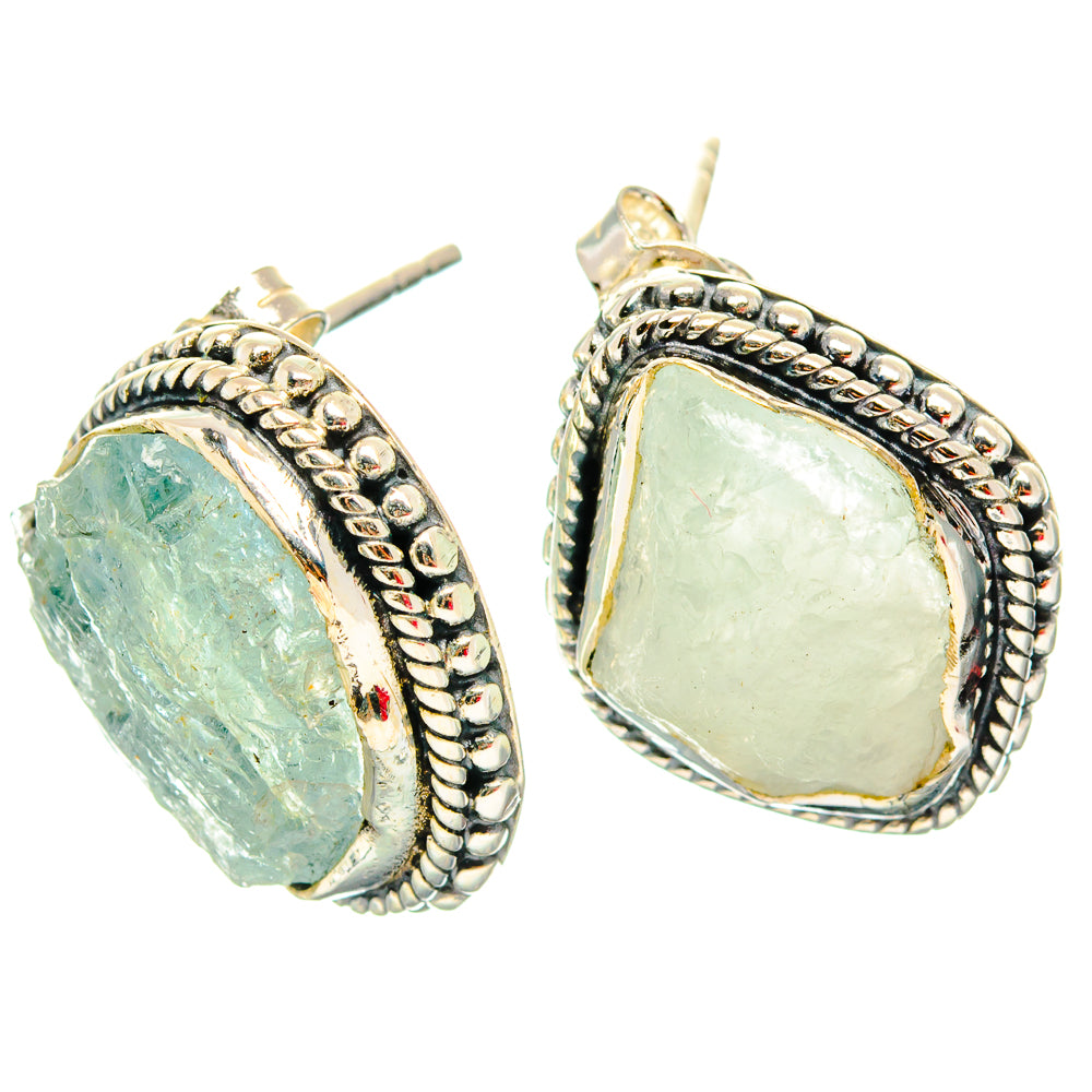 Aquamarine teardrop stud earrings with rough stone and rope silver bezel, 925
