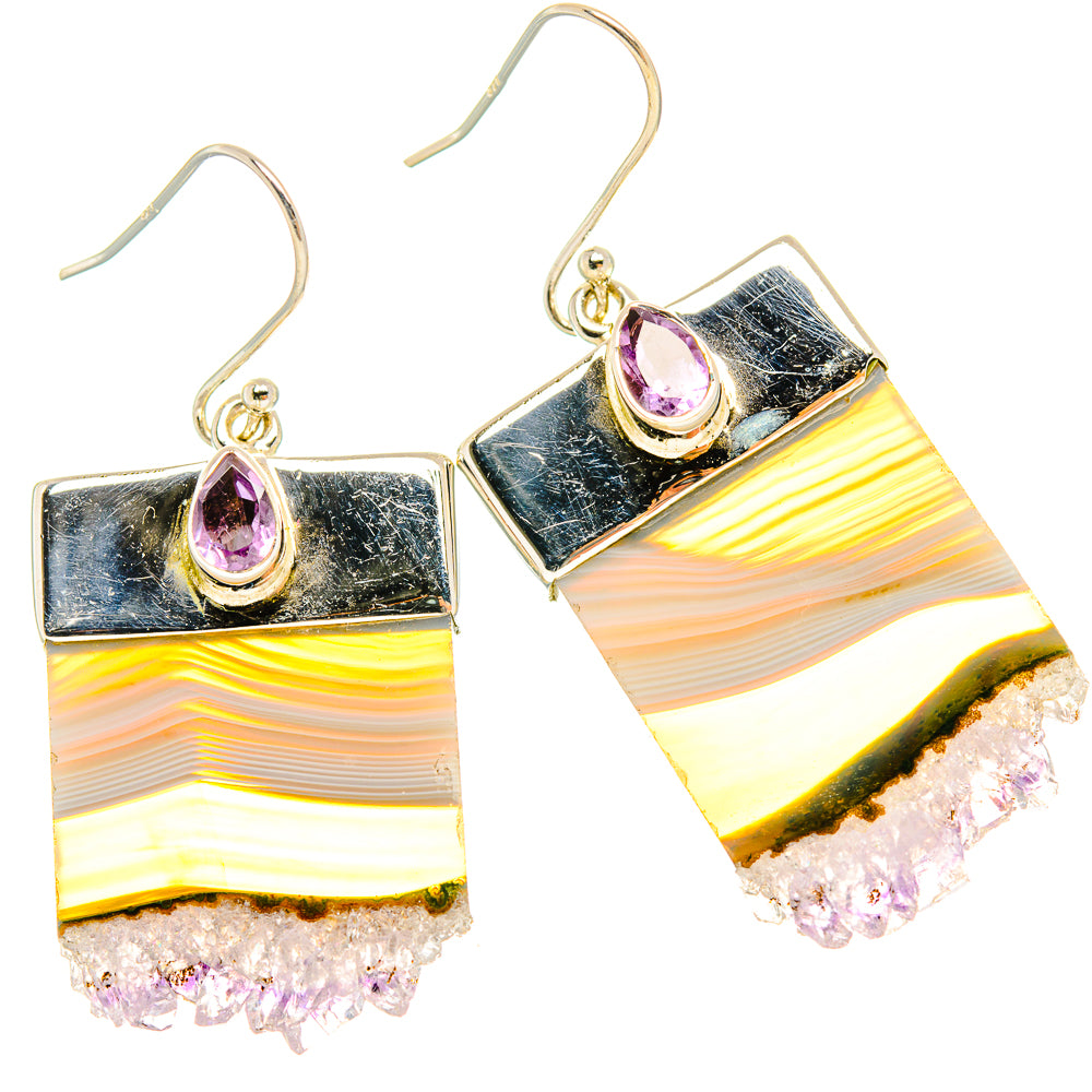 Amethyst oval earrings in 925 sterling silver; striped stone and crystal cluster fringe