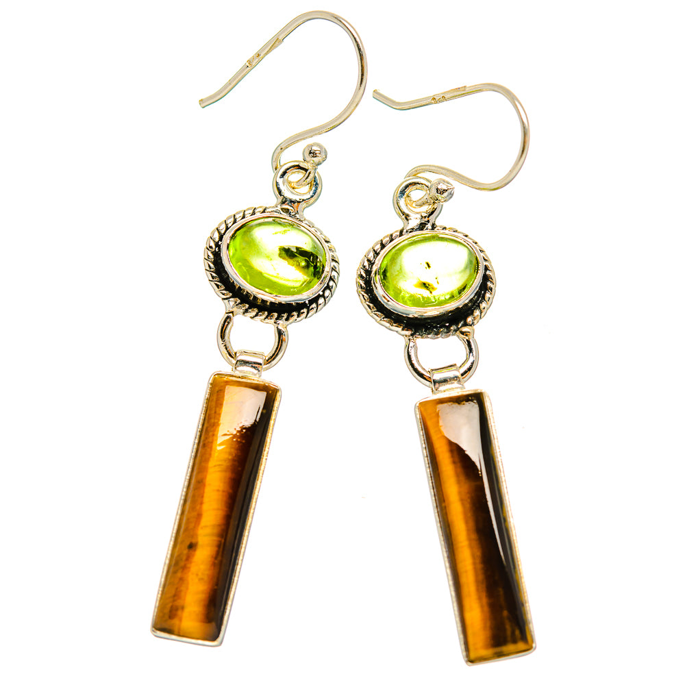 Sterling silver drop earrings with green round stone and amber tiger-eye bar dangles