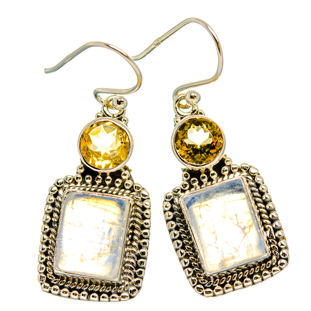 Sterling silver drop earrings with yellow round citrine and iridescent square stones