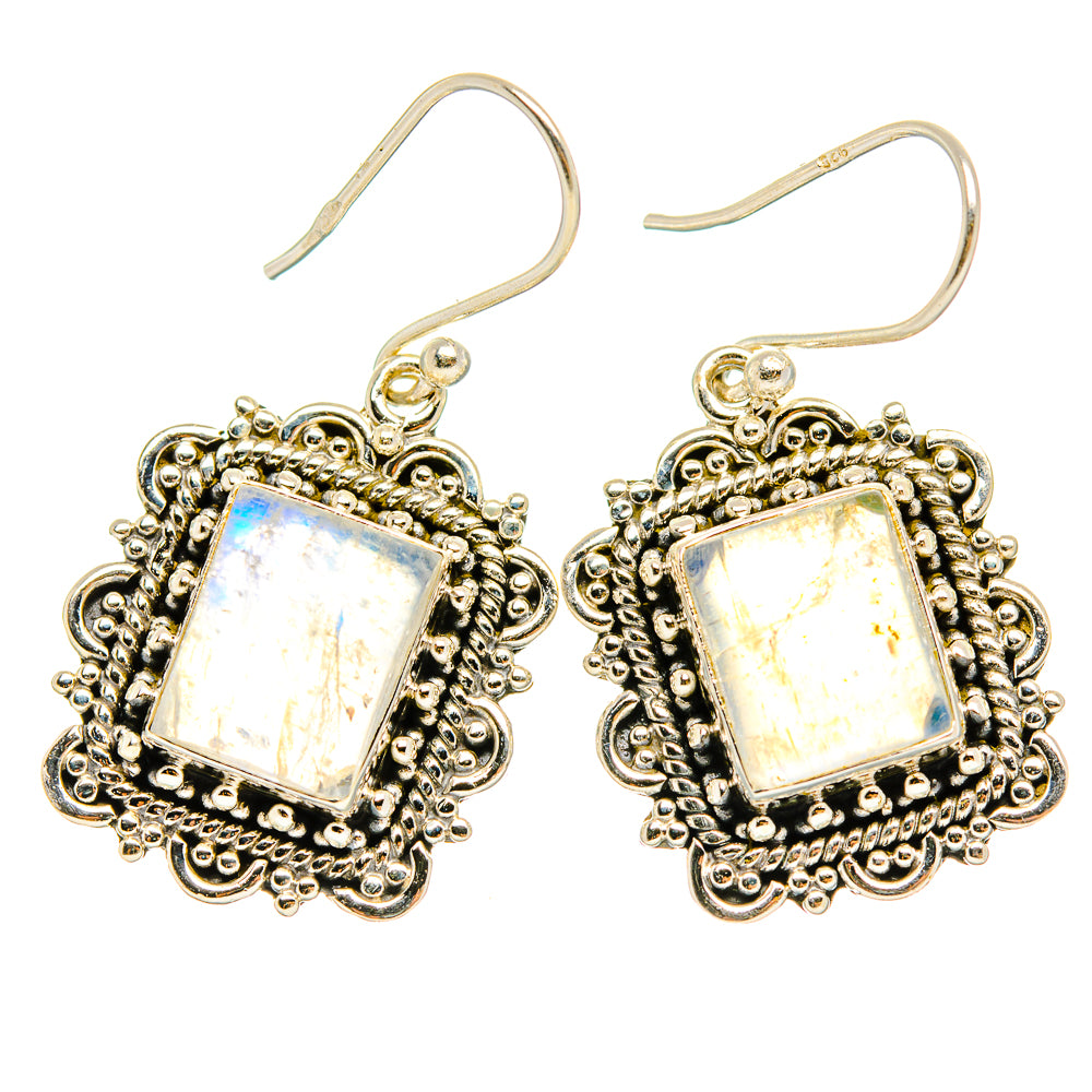 Gold-tone filigree drop earrings with square rainbow moonstone centers and fishhook wires