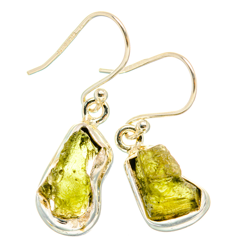 925 sterling silver Czech Moldavite drop earrings with rough green teardrop stones