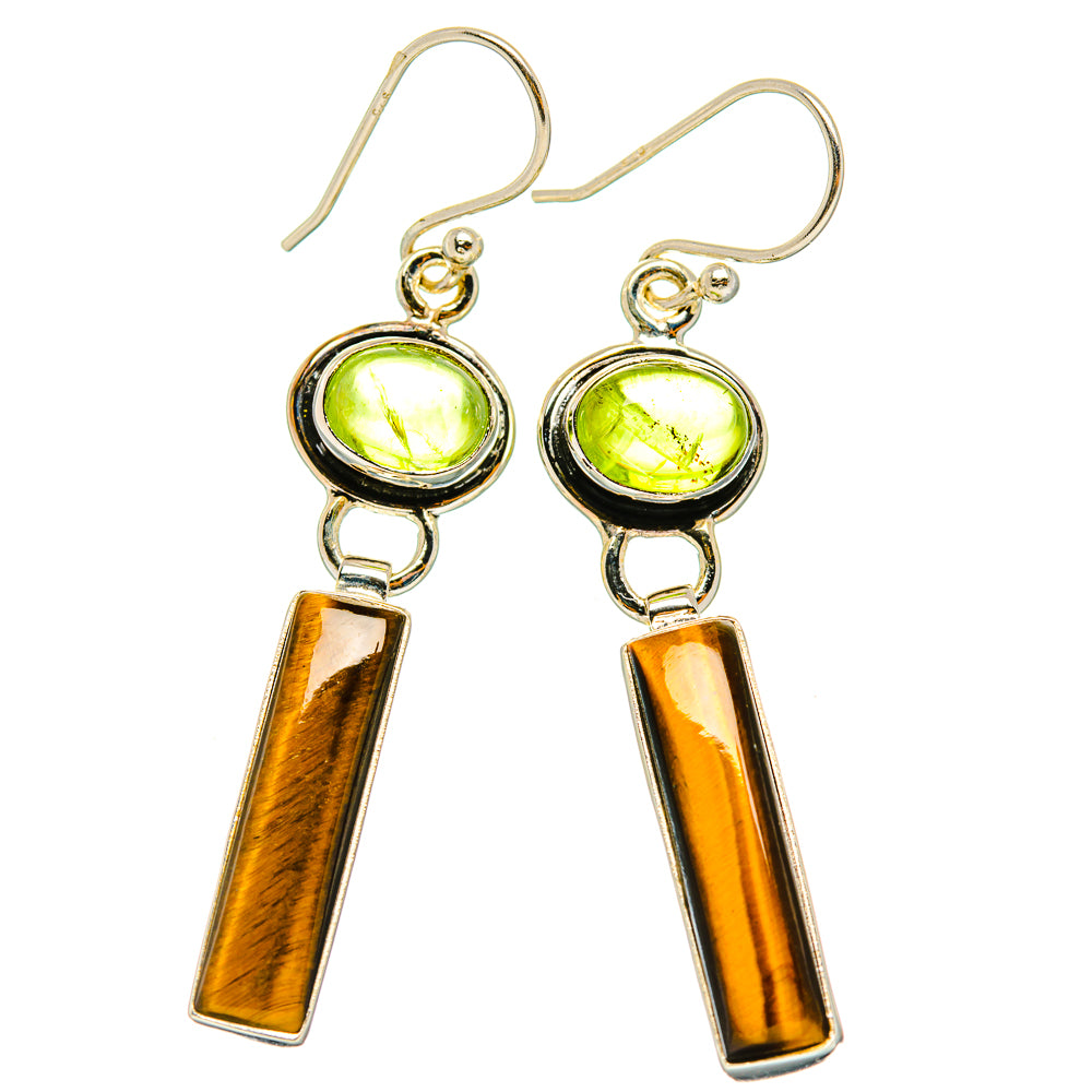 925 sterling silver drop earrings with green peridot rounds and tiger-eye gold bars