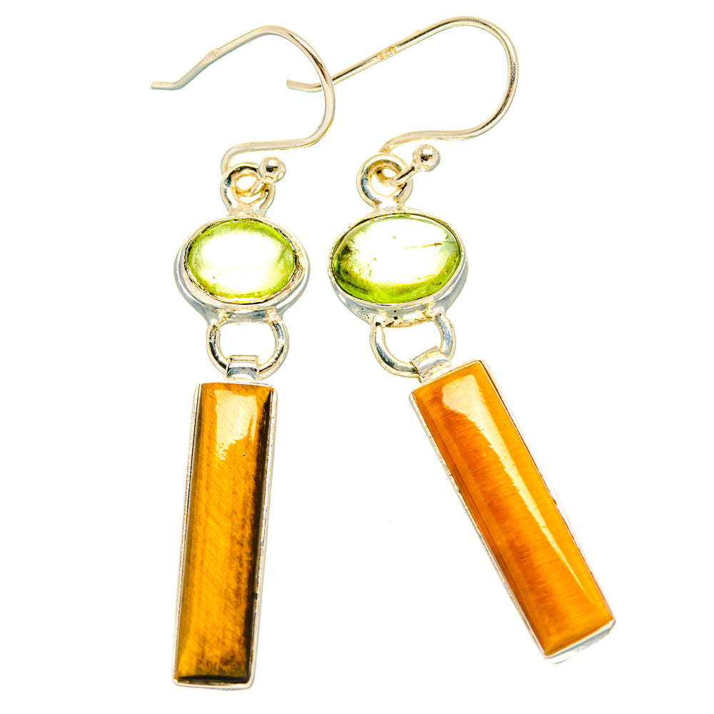 Peridot and tiger eye drop earrings with silver-tone frames and rectangular amber stones
