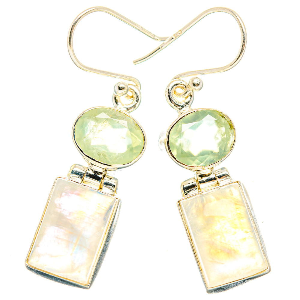 925 sterling silver earrings with round green gemstone and iridescent rectangular drop