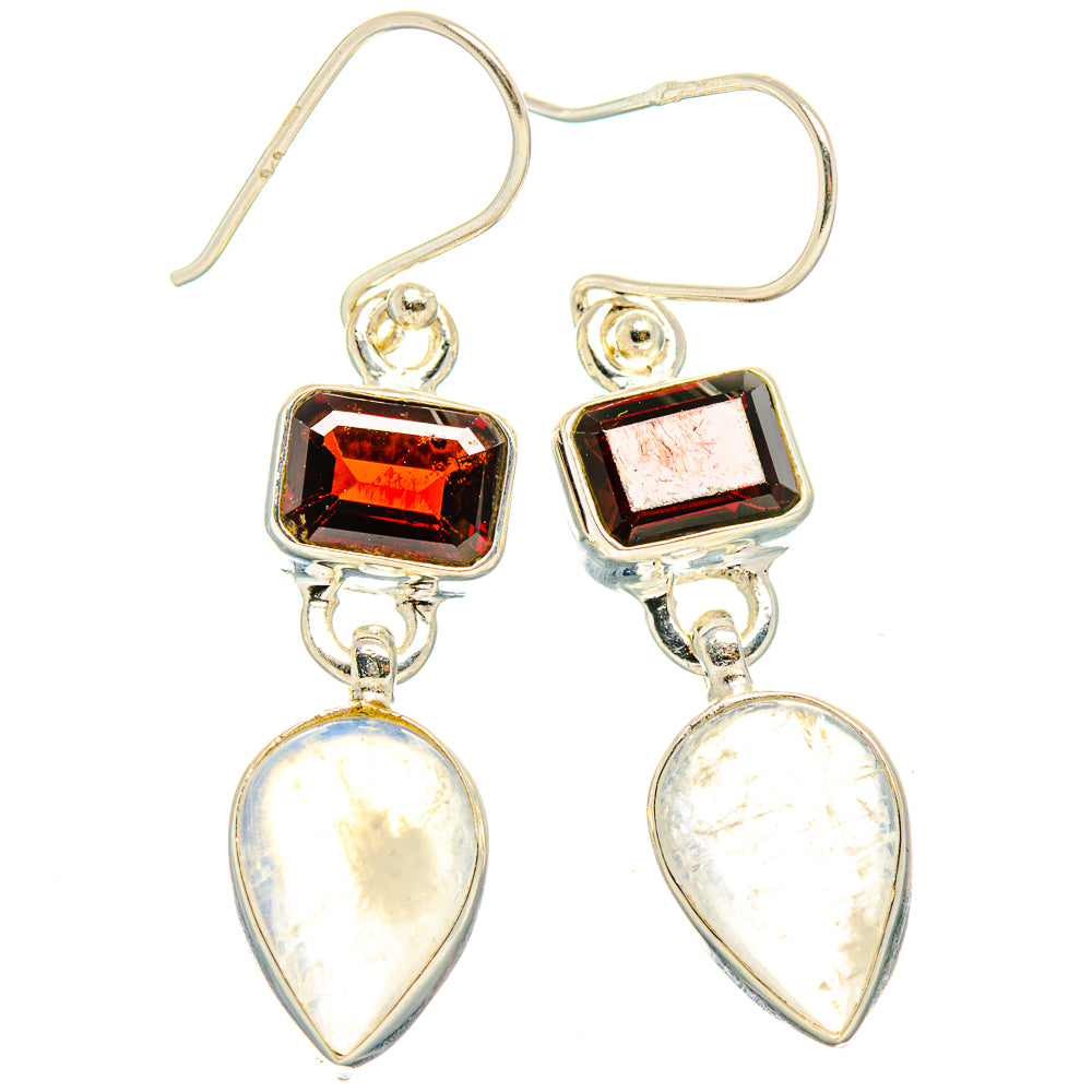 Sterling silver square garnet studs with pear-shaped moonstone drop pendants