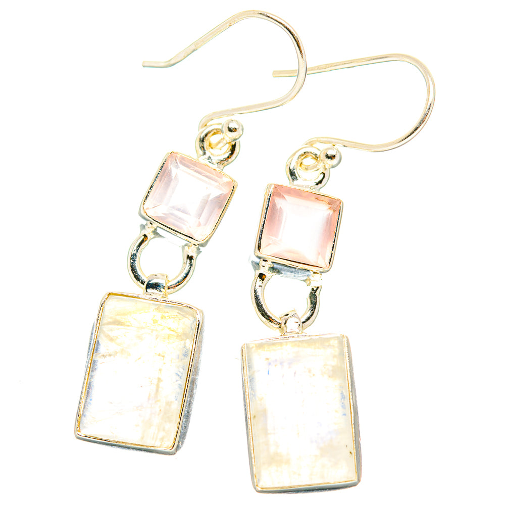 Rose quartz drop earrings with square pink iridescent stones on sterling silver hooks