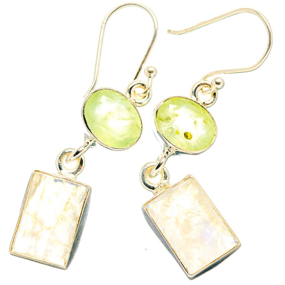 925 sterling silver earrings with lime-green round stones and opalescent white rectangular drops