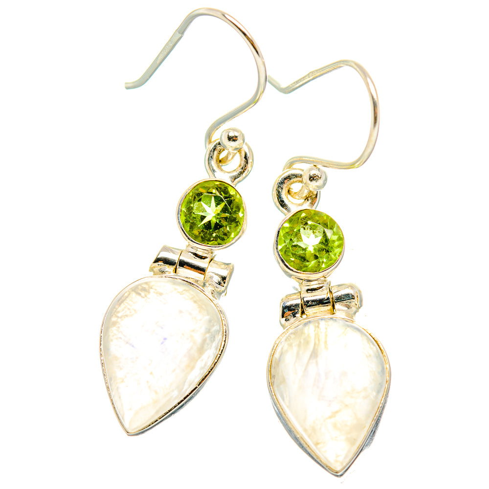 Peridot green round and white teardrop moonstone earrings with sterling silver hooks