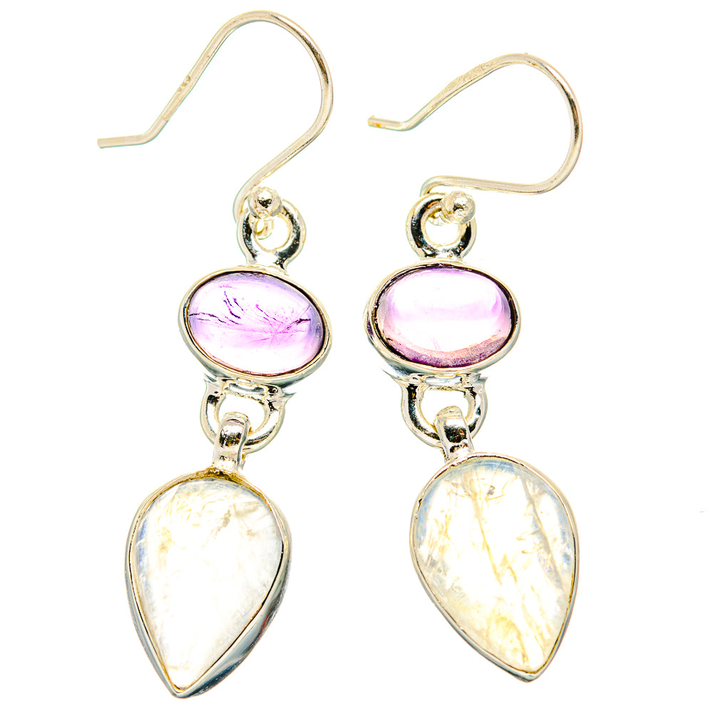 Silver drop earrings with oval amethyst and pear-shaped iridescent stones, fishhook backs
