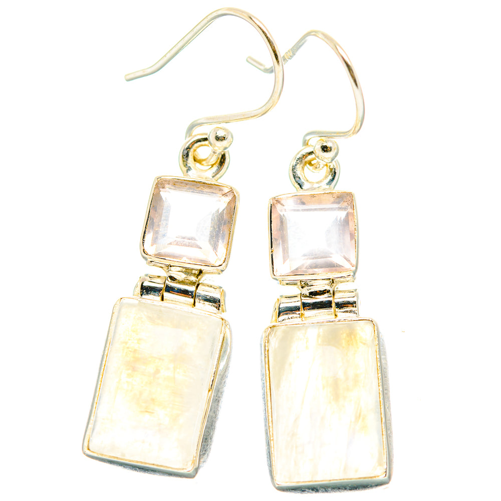 Rose quartz square drop earrings with silver-tone hooks, two dangling iridescent square charms
