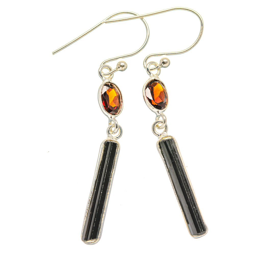 Sterling silver drop earrings with amber-red teardrop stones and black tourmaline bar dangles