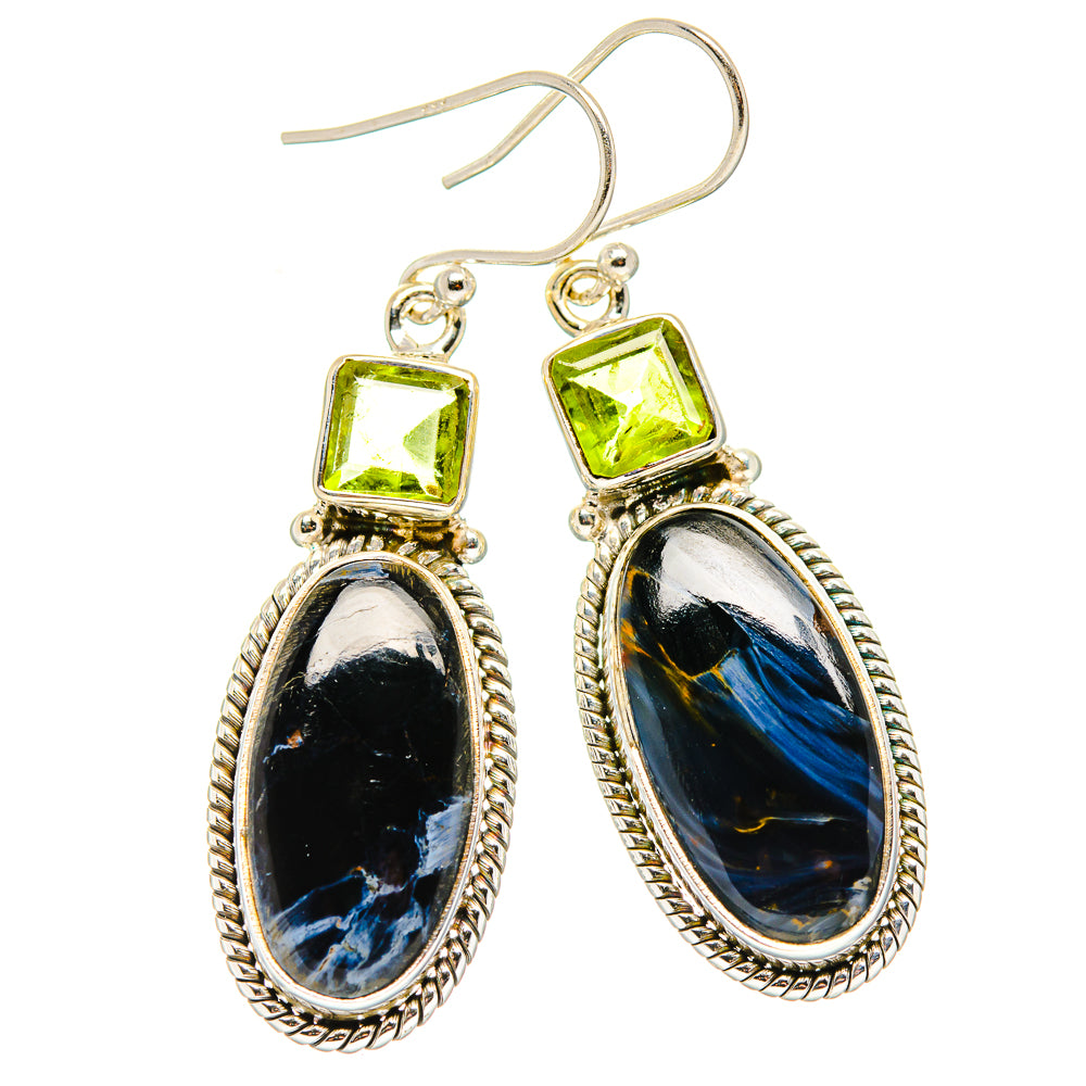 Sterling silver dangle earrings, green peridot square studs with oval blue pietersite drops