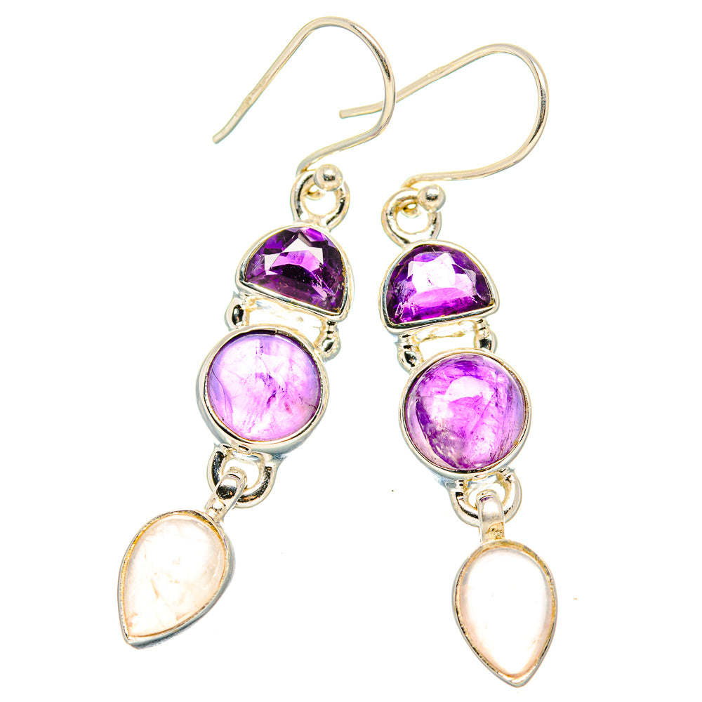 925 sterling silver amethyst and rose quartz dangle earrings, teardrop stones
