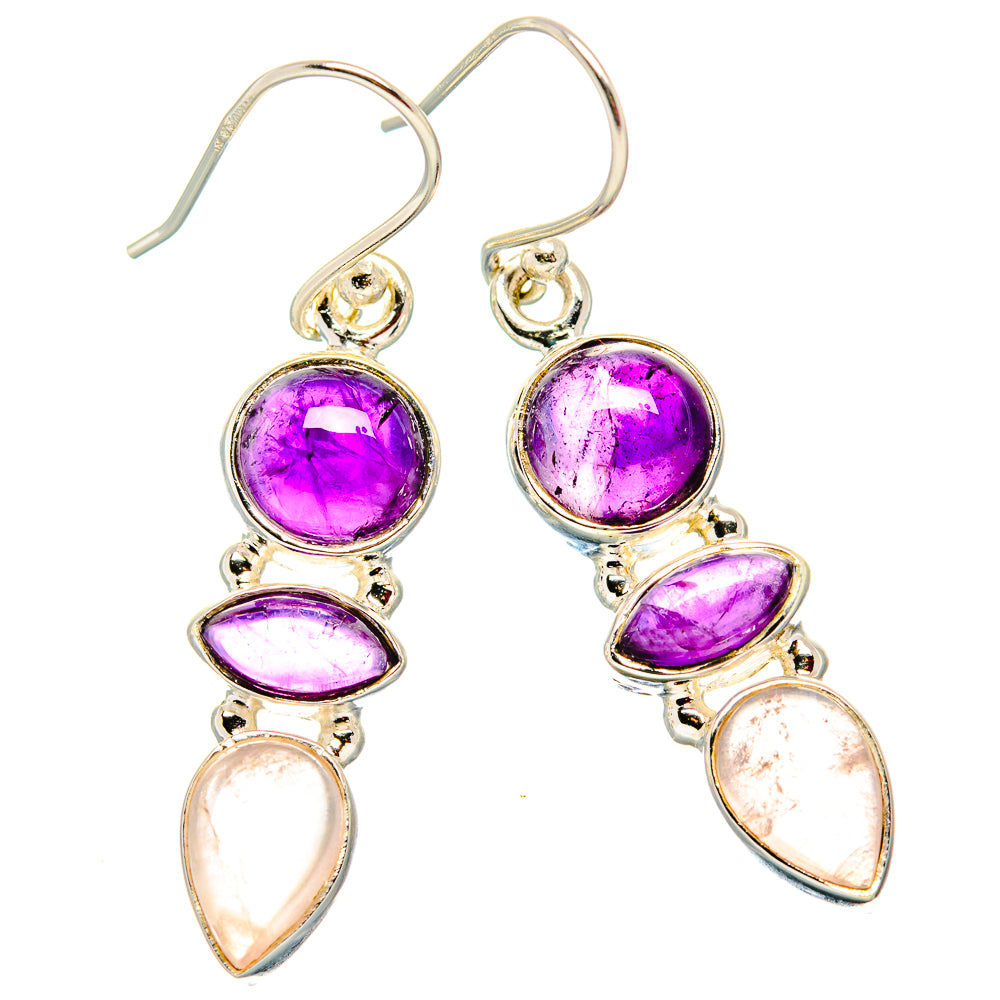 Sterling silver earrings with amethyst and rose quartz drop stones, purple and pale pink