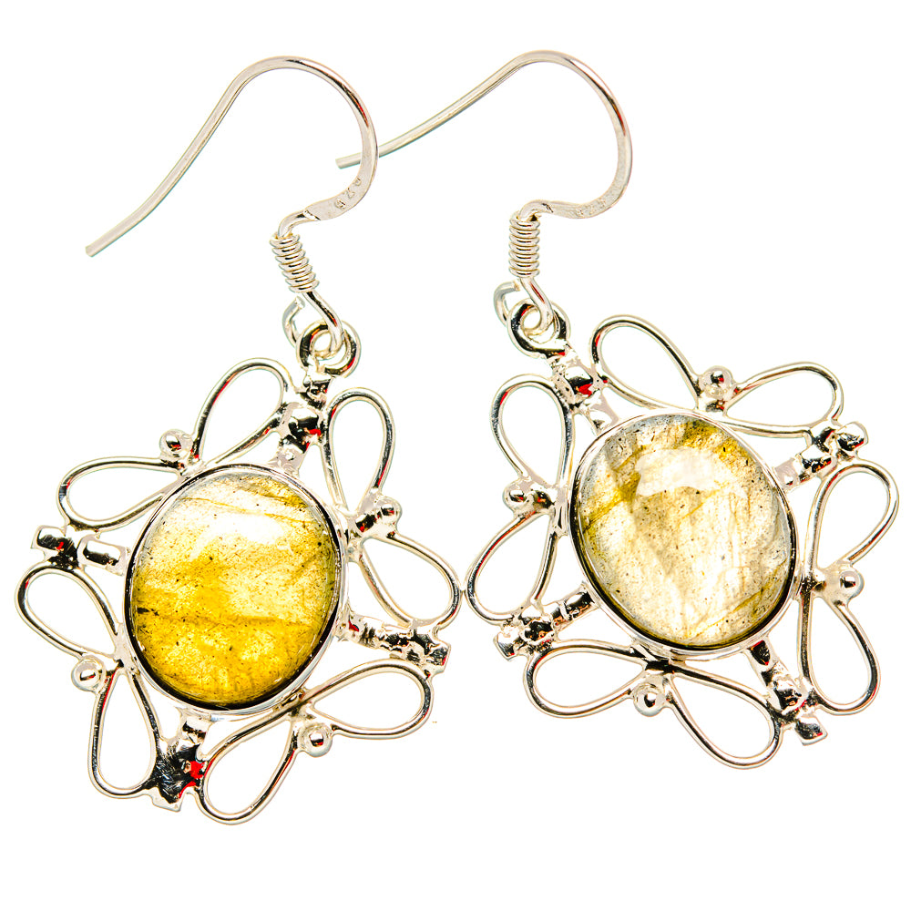 Sterling silver labradorite drop earrings with oval yellow-gold stones and floral frames