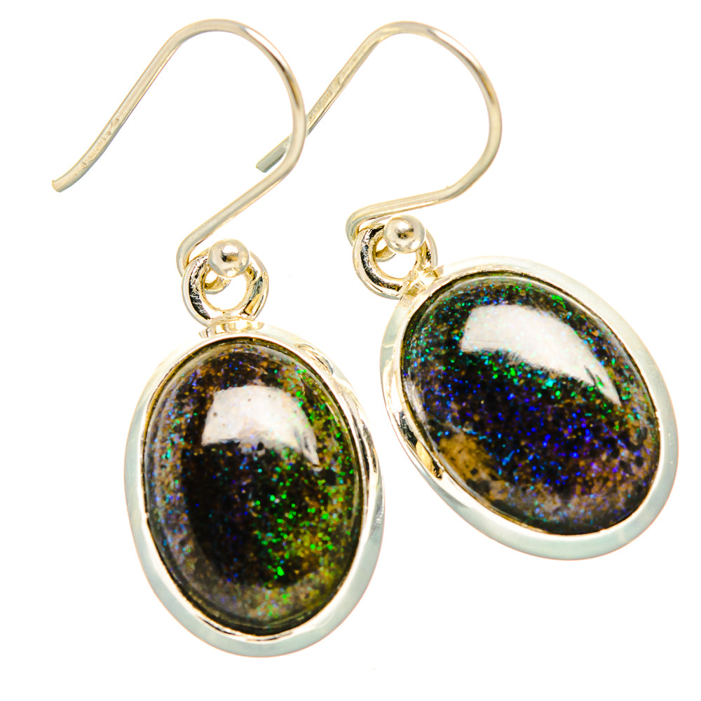 Sterling silver opal oval drop earrings with shimmering dark green-blue cabochons