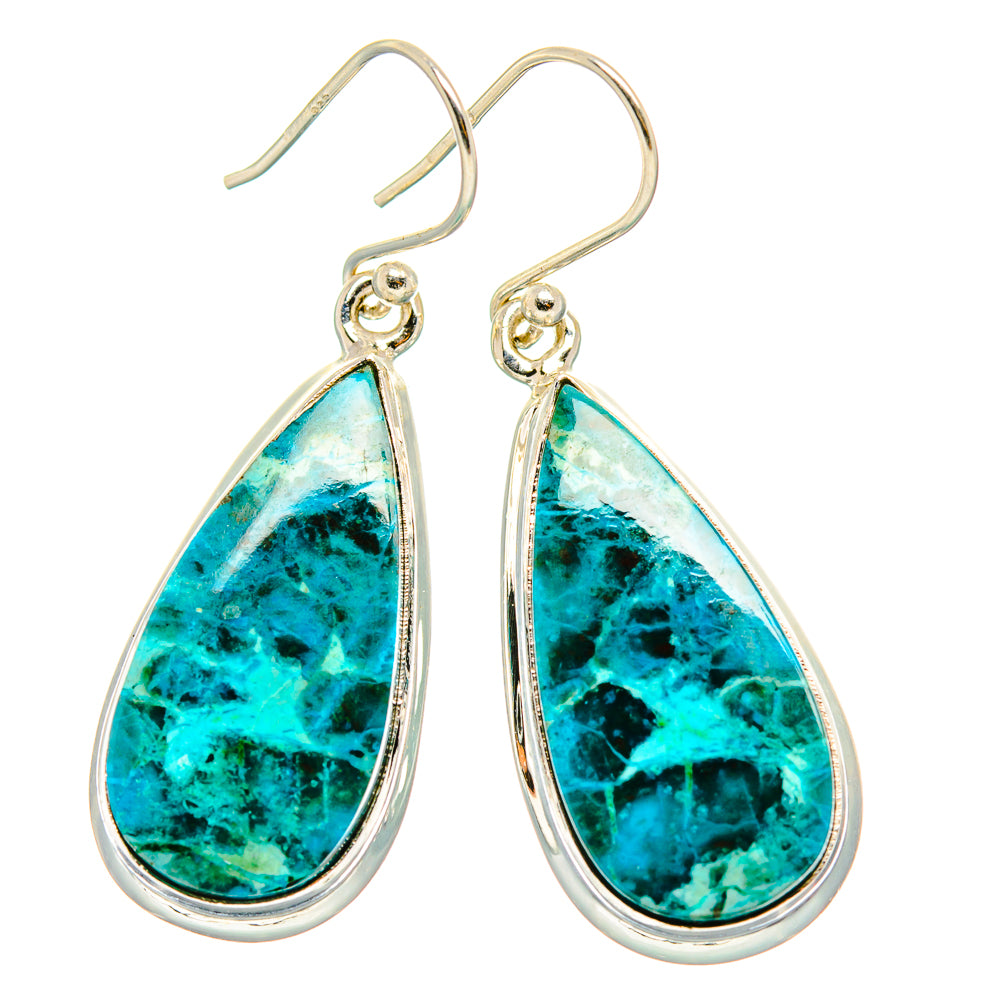 Pair of teardrop chrysocolla earrings, blue-green stone set in sterling silver