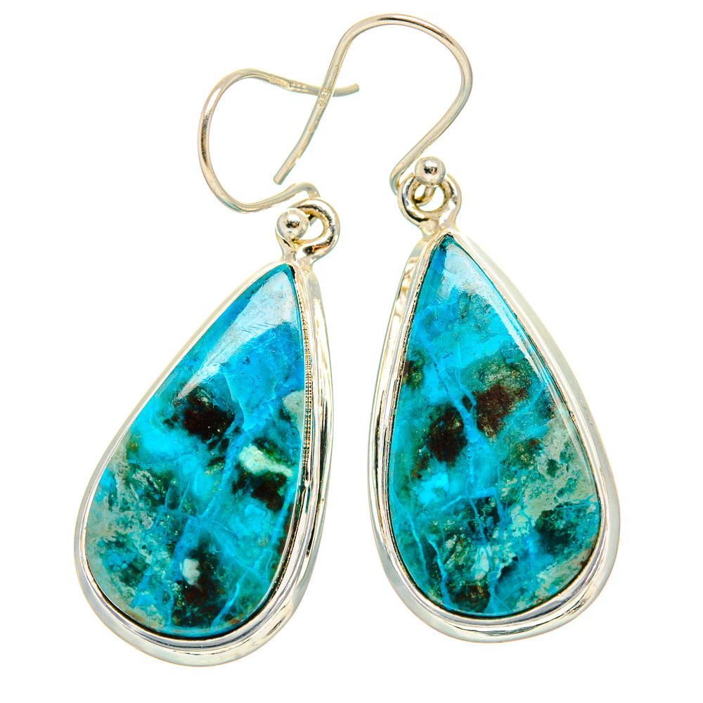 Sterling silver teardrop chrysocolla drop earrings with turquoise-blue stone