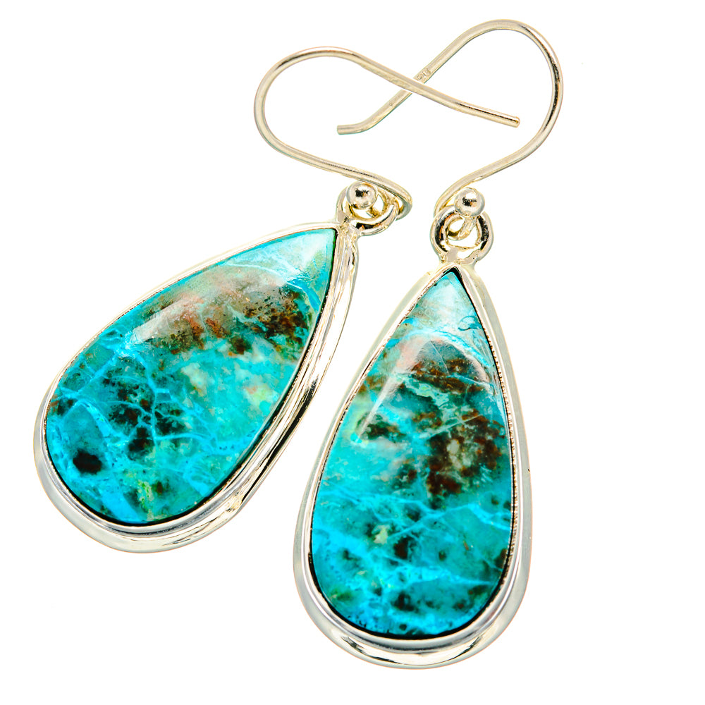 Sterling silver teardrop dangle earrings with blue-green chrysocolla stone cabochons