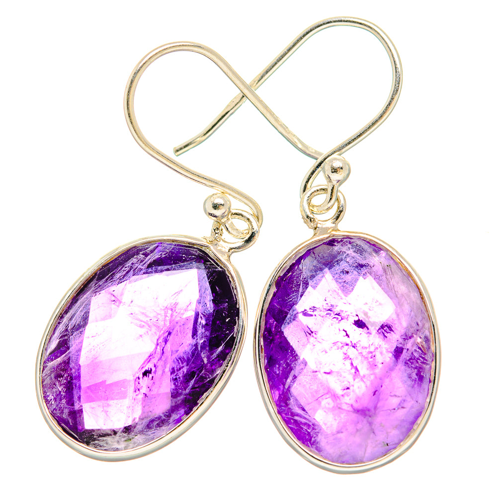Pair of oval faceted amethyst drop earrings in sterling silver with dangle hooks