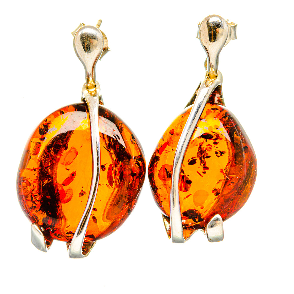 925 sterling silver amber teardrop drop earrings with gold accents, amber cabochons