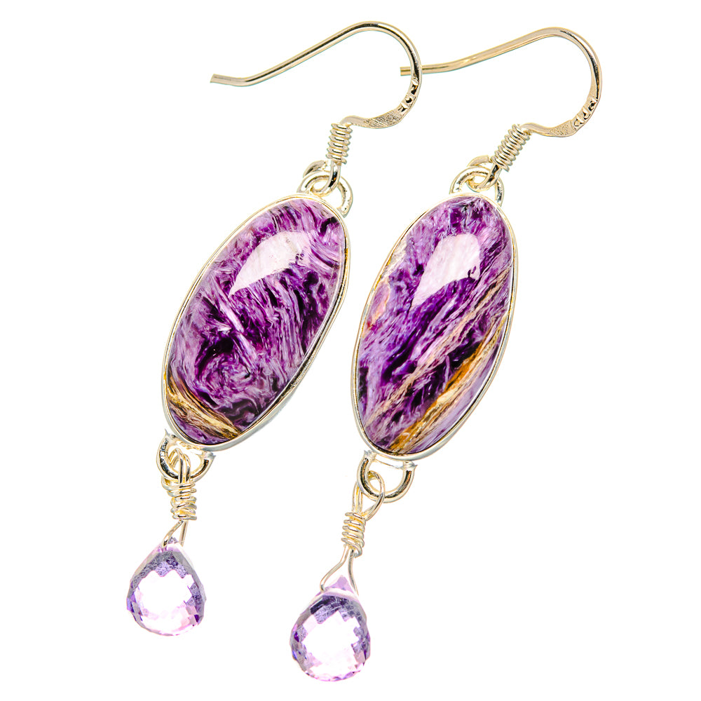 Sterling silver drop earrings: oval purple cabochons with purple teardrop dangles