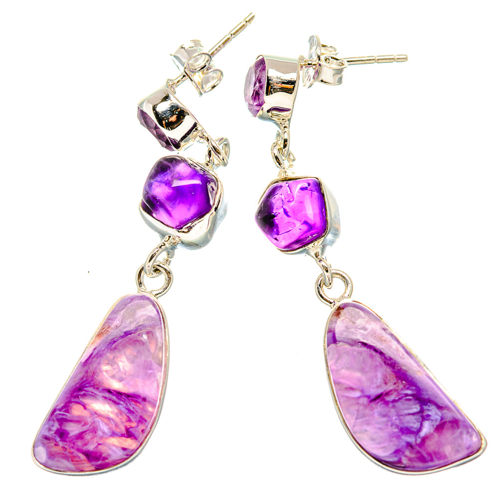 Sterling silver amethyst dangle earrings with purple teardrop and oval stones