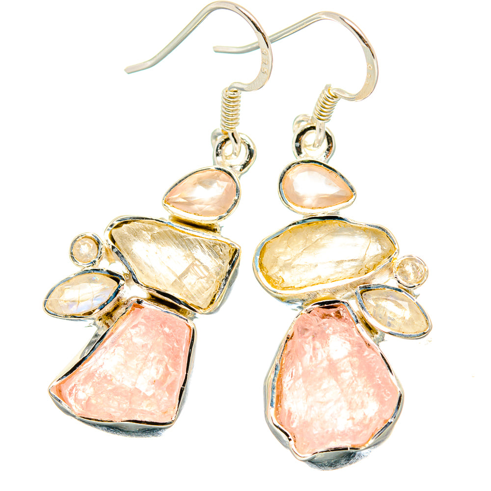 Rough rose quartz dangle earrings with silver-tone prongs, 925 sterling silver hooks
