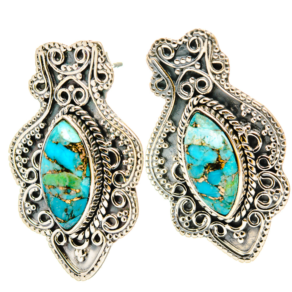 Ornate 925 sterling silver turquoise drop earrings, oval stones