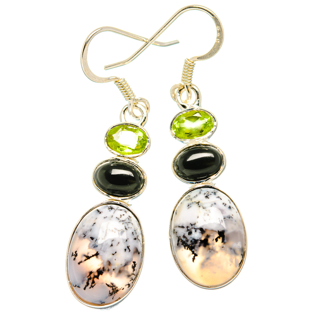 Sterling silver drop earrings with peridot, onyx, and white dendritic opal; fishhook style.