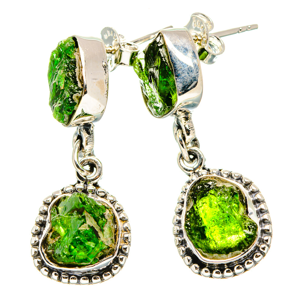 925 silver dangle earrings with rough green chrome diopside stones, oval frames