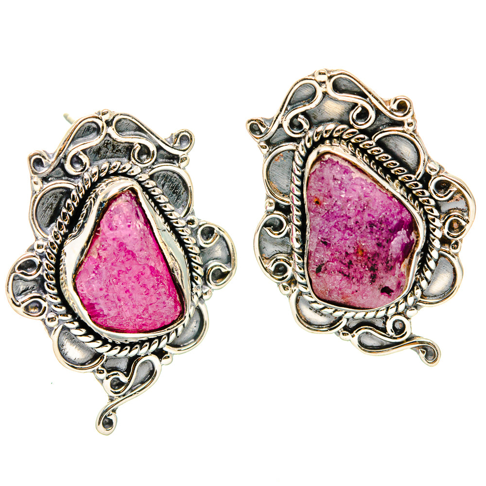 Rough fuchsite teardrop earrings in 925 sterling silver, filigree sides, pink-purple stone