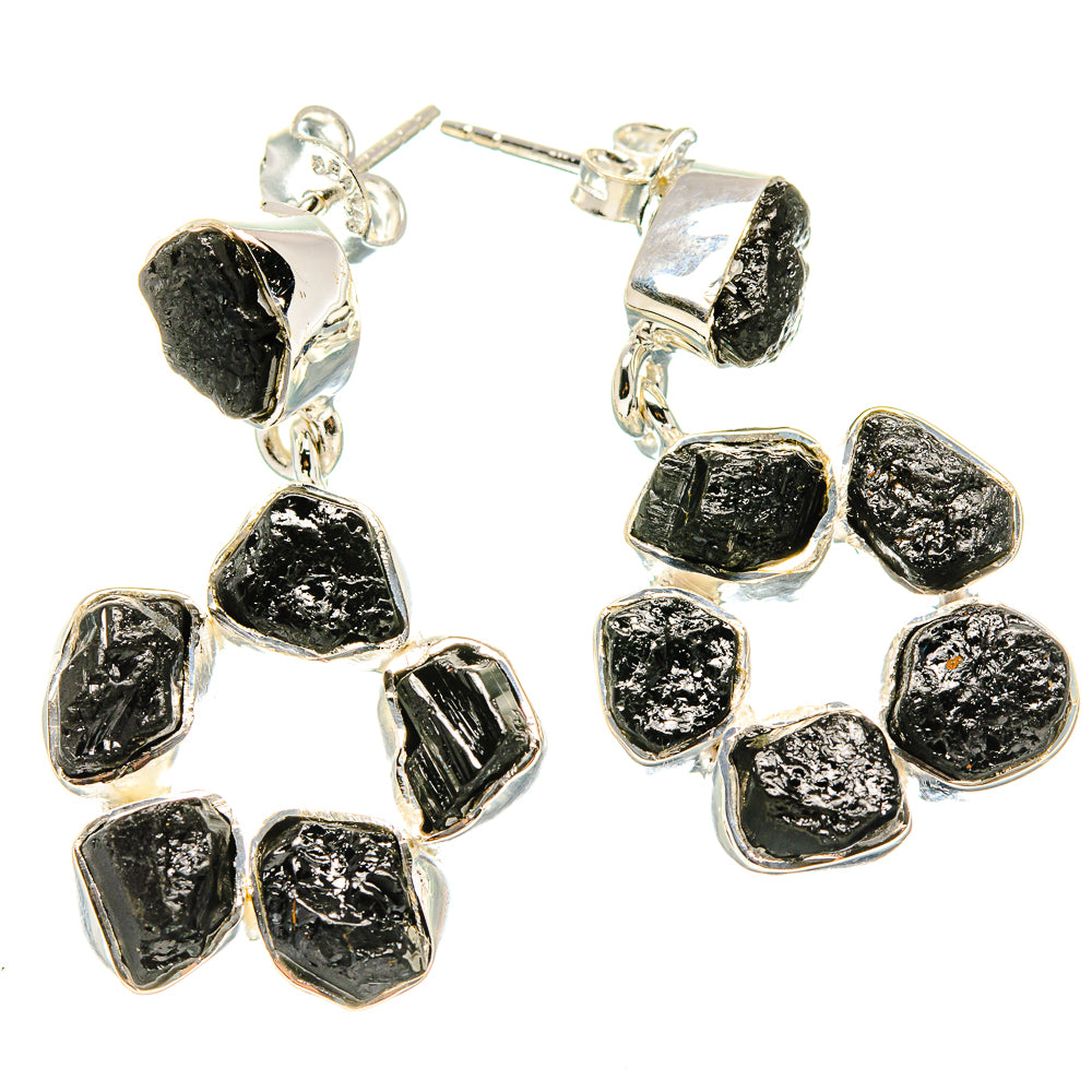 Sterling silver drop earrings with irregular black tektite-like stones and hook backs