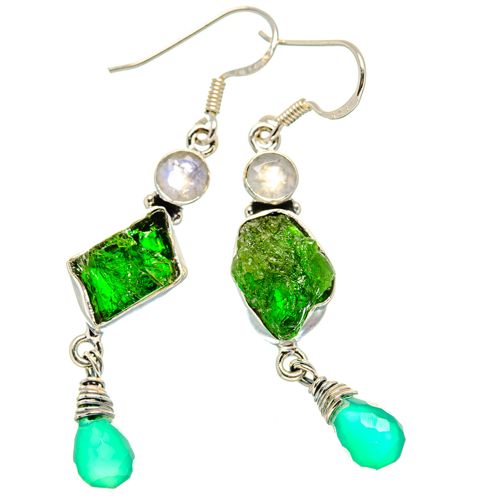 925 silver earrings with green rough stones, round iridescent accents, and green beads