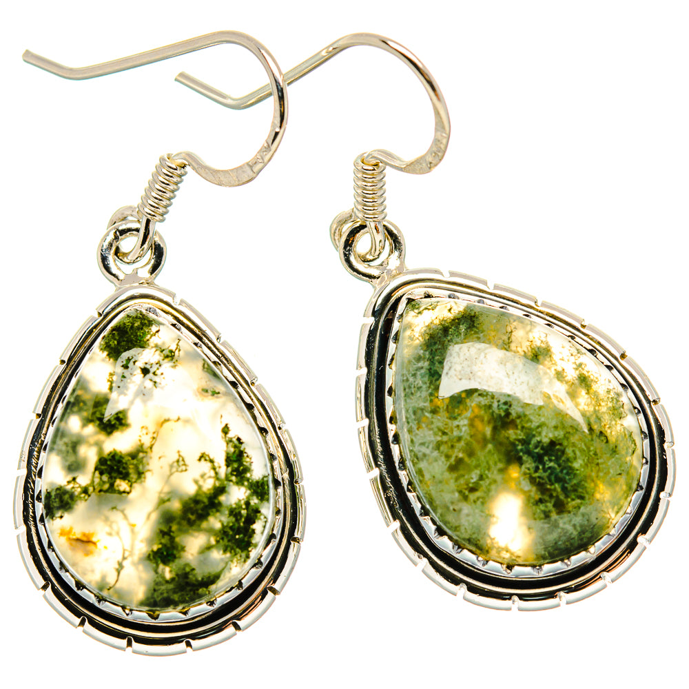 Sterling silver drop earrings with green moss agate teardrop stones, fishhook hooks