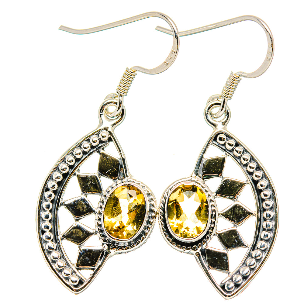 925 sterling silver citrine drop earrings, oval faceted yellow stones with textured border