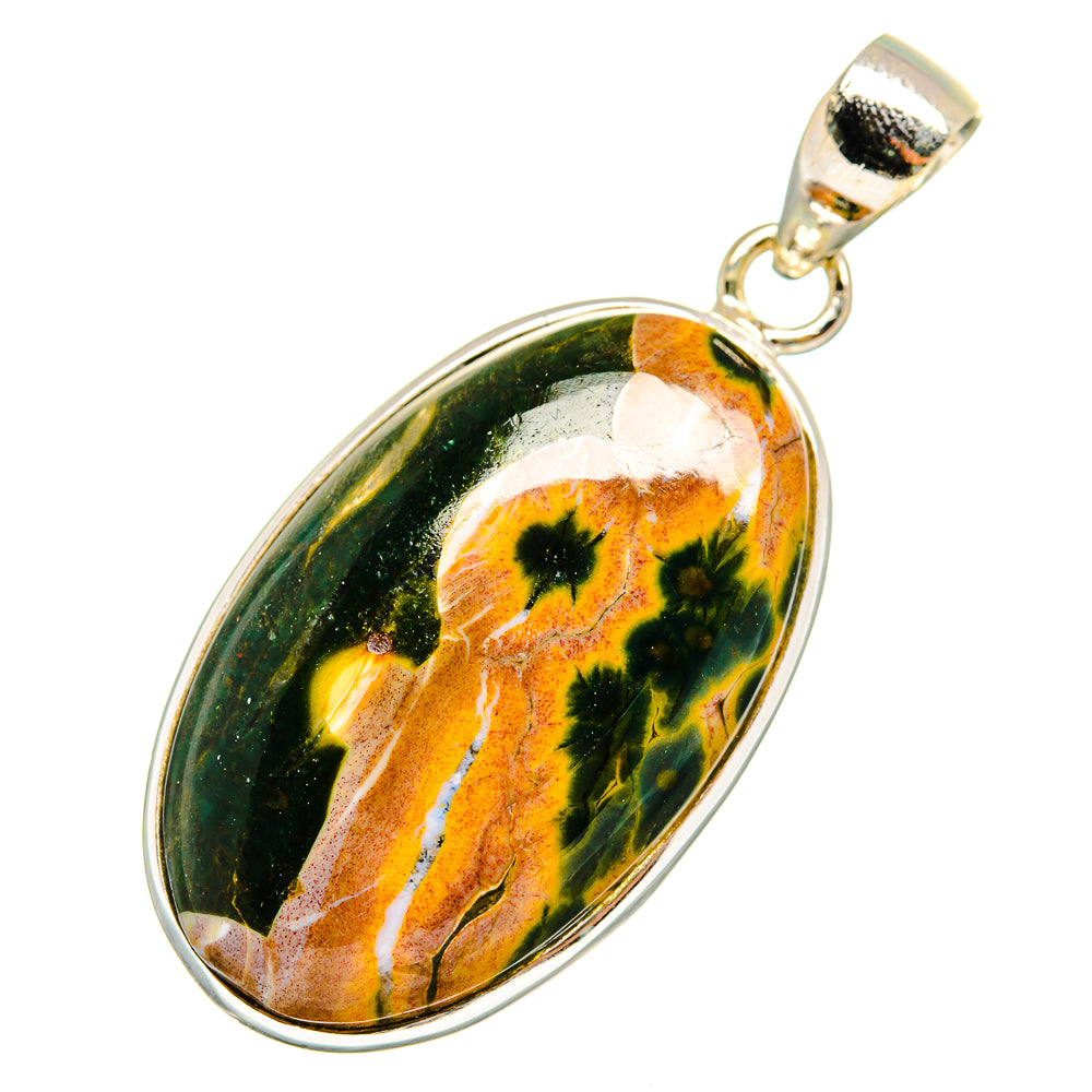 Oval ocean jasper pendant in 925 sterling silver bezel and bail, green/orange stone