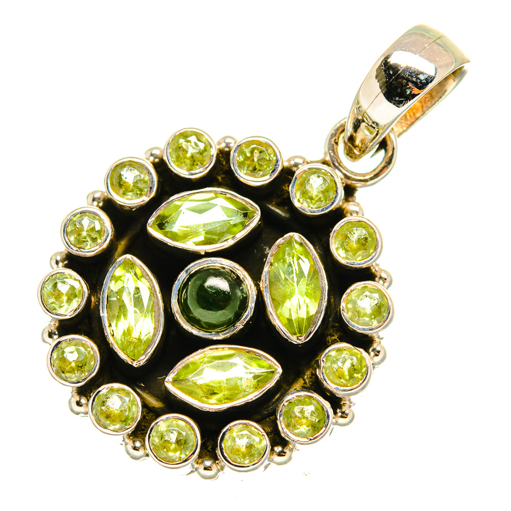 Green gemstone pendant with round and oval stones in gold-tone bezel, silver bail