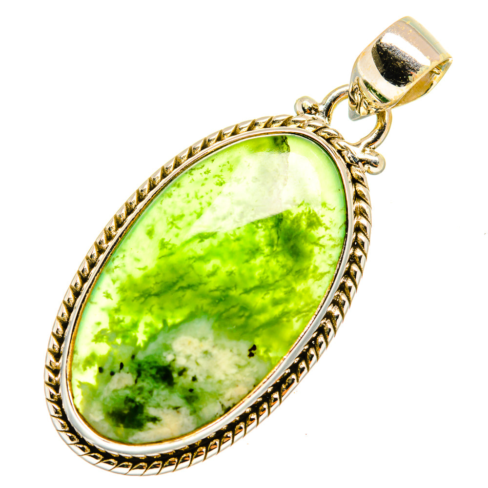 Nephrite jade pendant with oval green stone and ornate 925 sterling silver frame