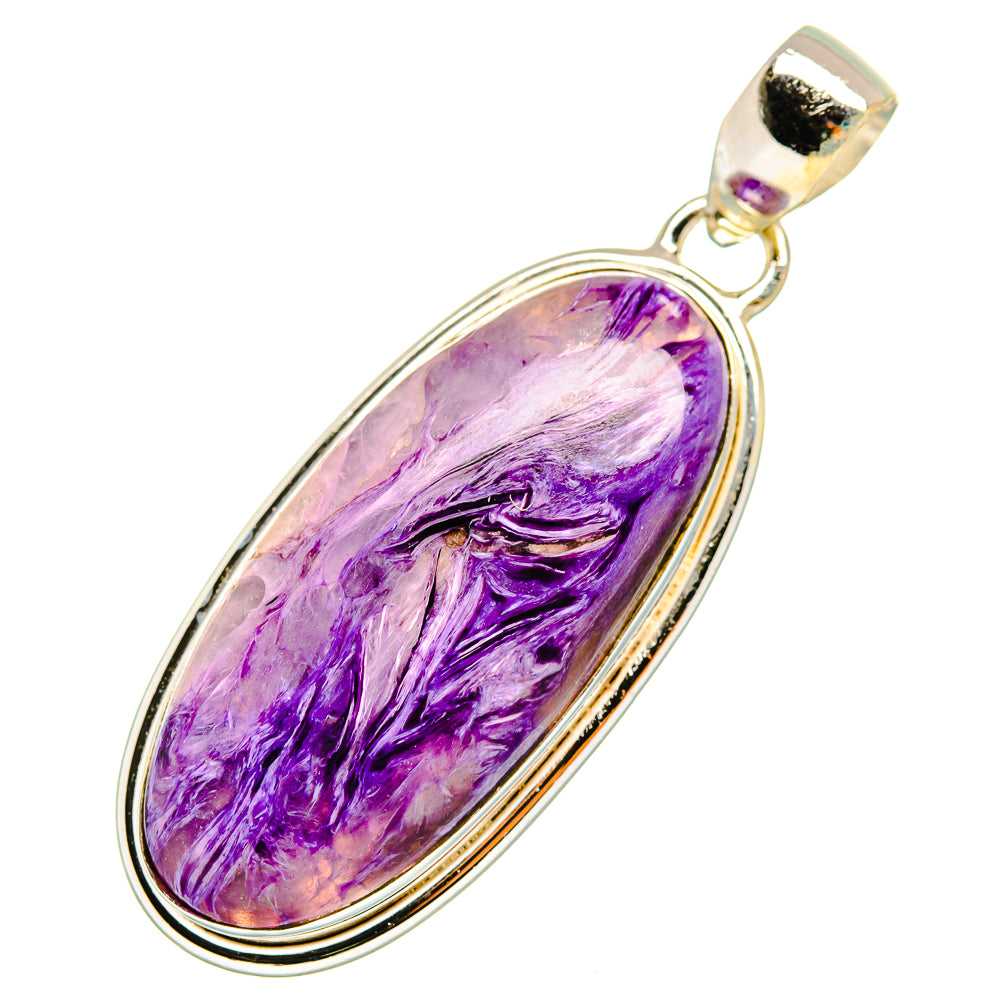 Charoite pendant oval purple cabochon in 925 sterling silver bezel with looped bail