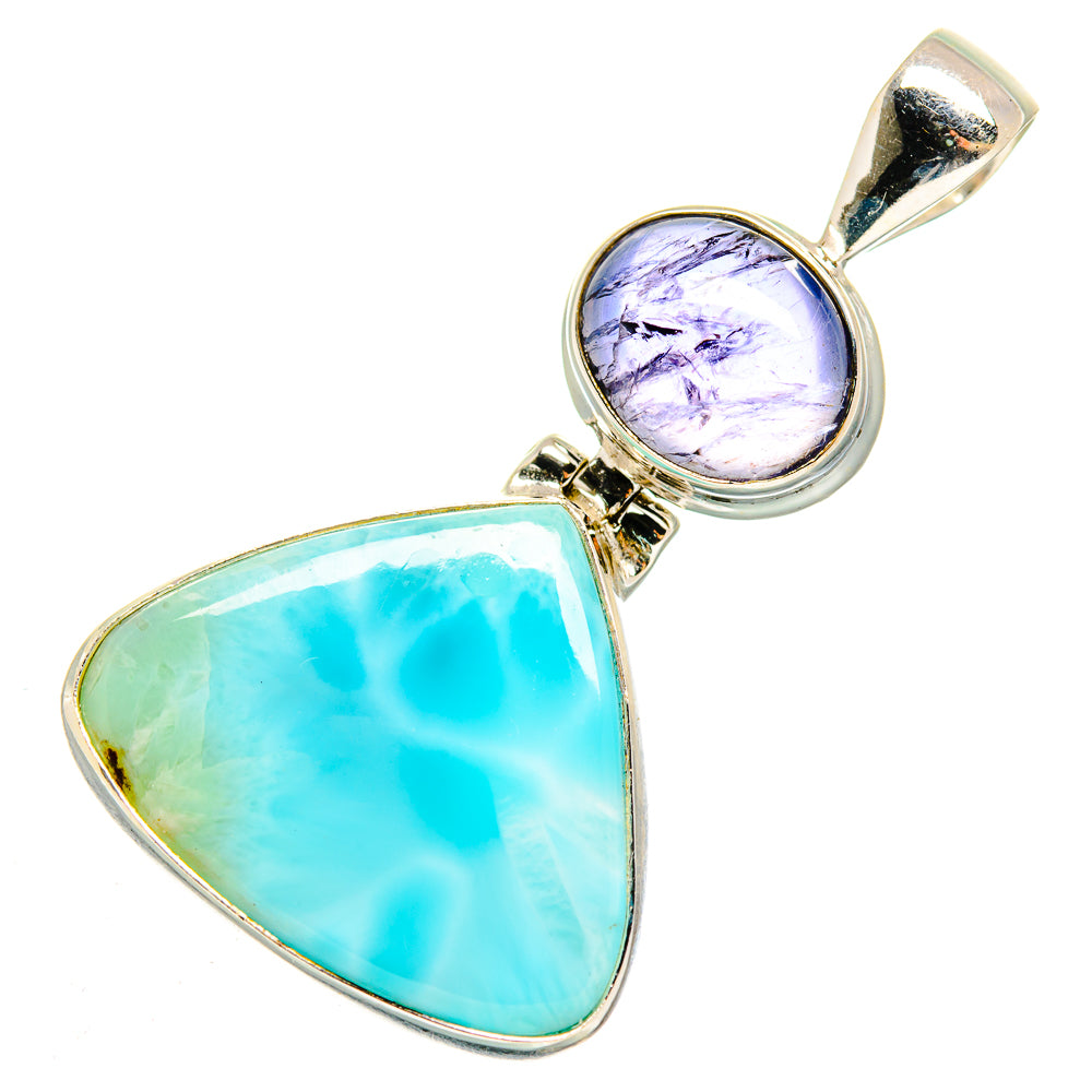 Sterling silver pendant with blue pear-shaped stone, purple round top, loop bail