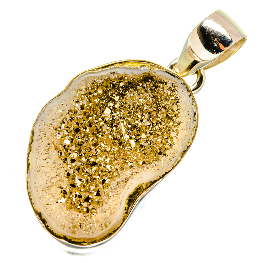Pyrite geode slice pendant with gold crystal druzy center in silver bezel and top bail.