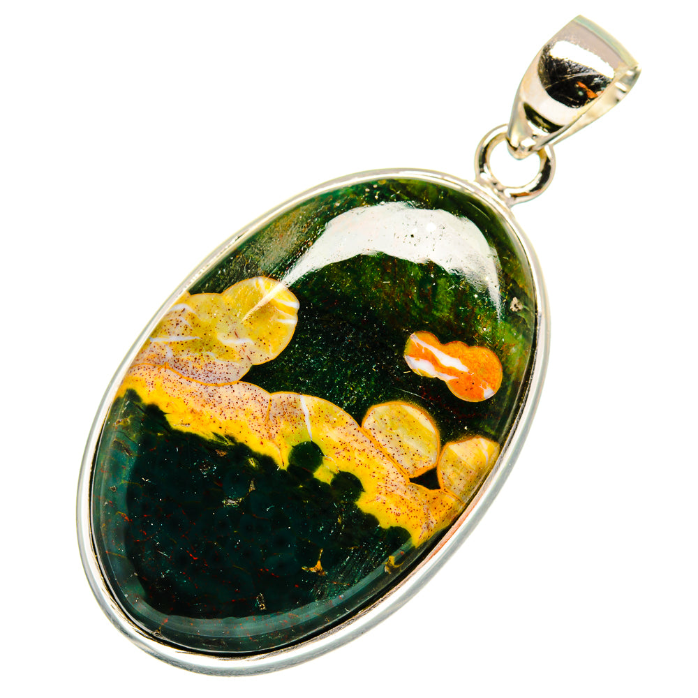 Oval ocean jasper pendant with ocean-green stone, yellow-orange accents, silver bail