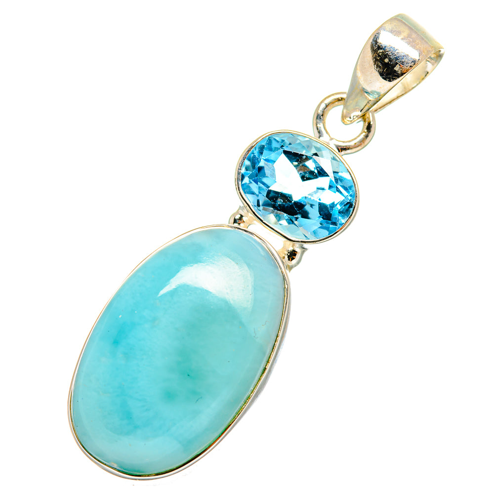 Sterling silver pendant with oval larimar and round bezel-set blue topaz, bail
