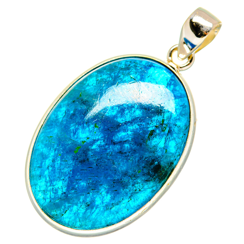 Apatite gemstone pendant, oval blue stone in silver setting with hinged bail