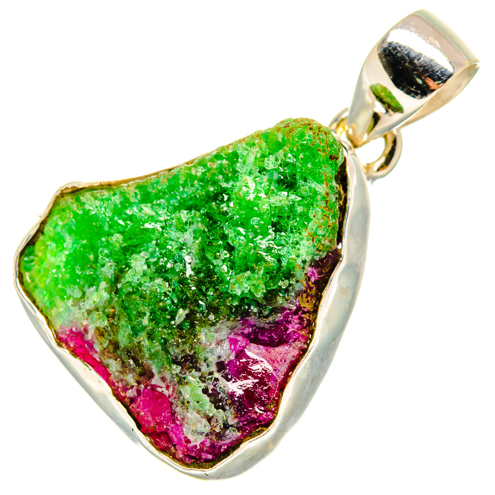 Rough stone pendant with 925 silver setting, bright green top and purple bottom