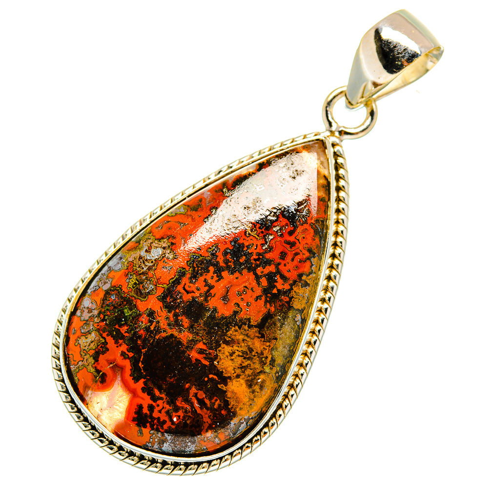 Teardrop agate pendant with orange red and black marbling, sterling silver bezel